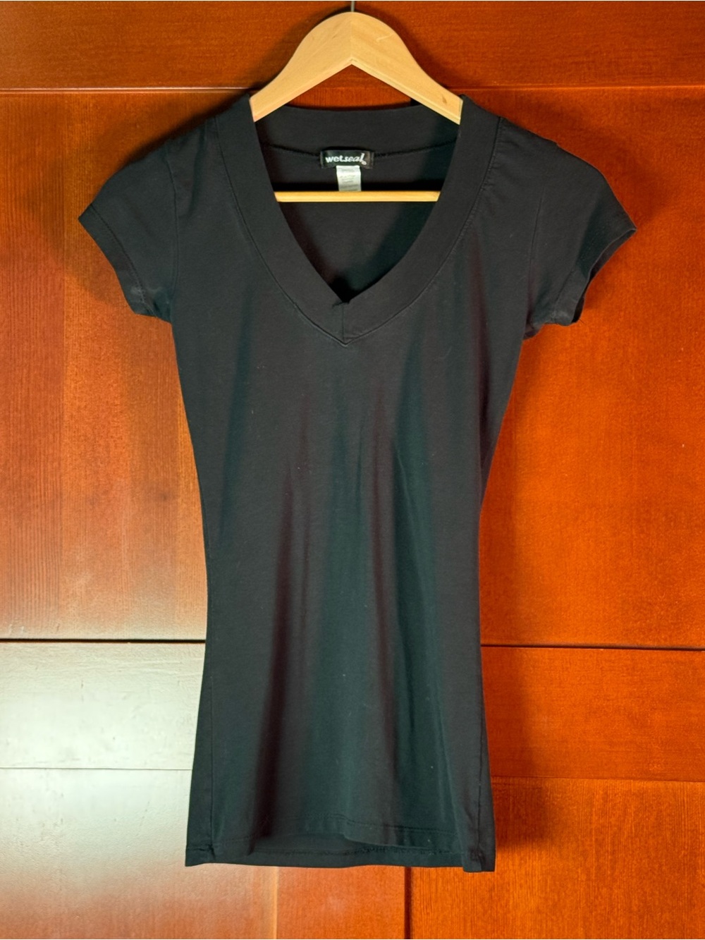 Y2K Wet Seal Black Deep V Neck Fitted Tee Top Small